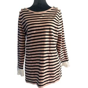 Karl Lagerfeld Paris Blush Pink Black Stripe Knit Top Women’s M Gold Button